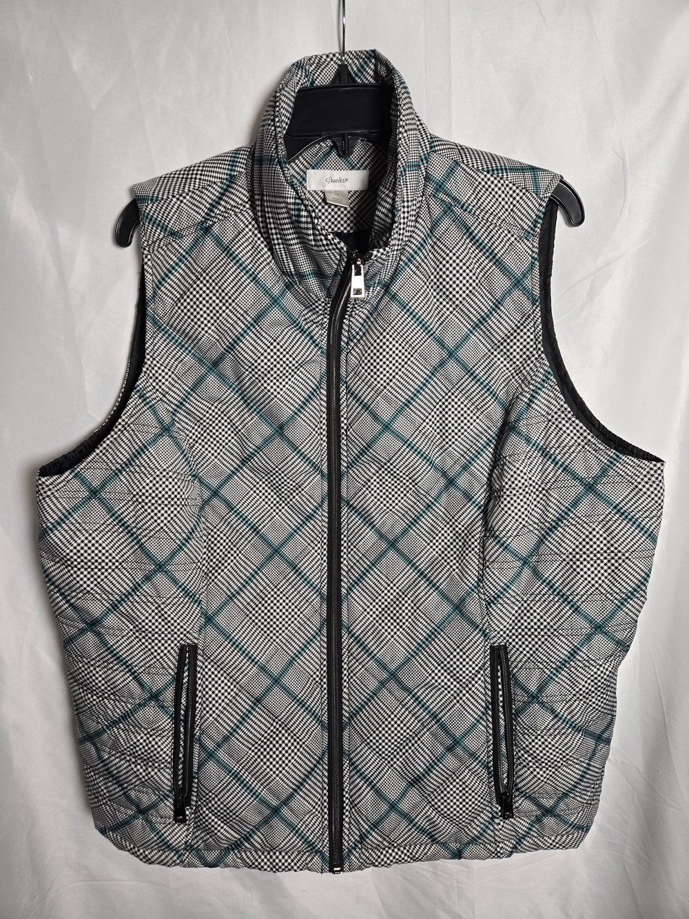 CJ Banks Gray Quilted Plaid Vest with Teal Windowpane